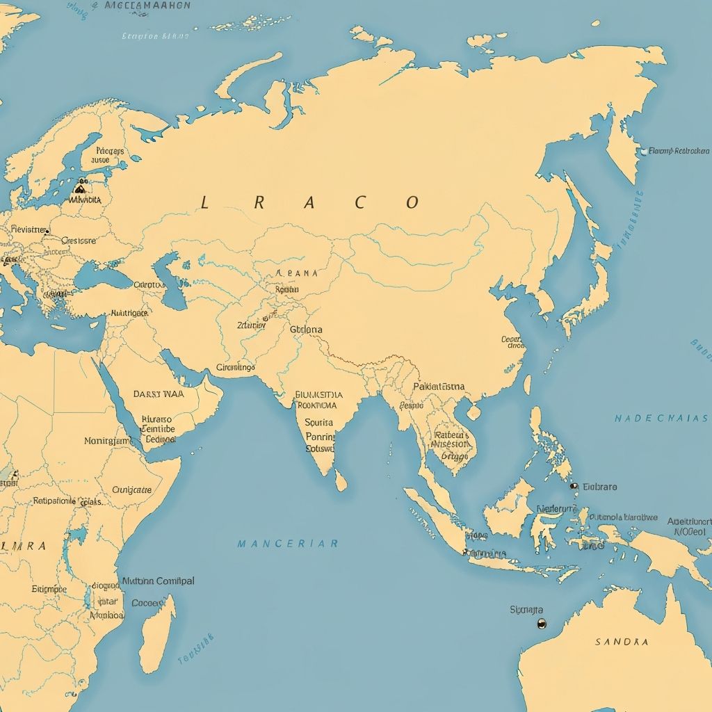 Current geographical map of Asia showing all countries
